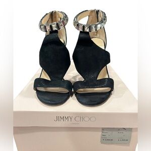 Jimmy Choo Halo Black Shimmer Suede Crystal Heels Pumps Stilettos Sz US 7 EU 37